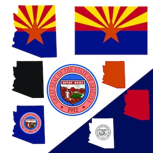 Collection de cartes, drapeaux et symboles de l'état de l'Arizona. Fichiers AI, eps, Dxf, png et pdf inclus, téléchargement immédiat, fichier vectoriel, montage facile