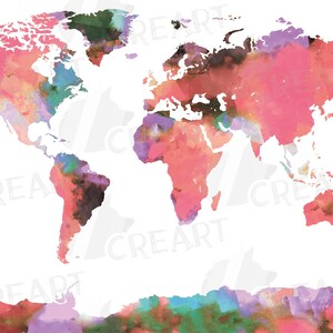 Aquarell rosa Weltkarte digitales Poster, Mädchen bunte Weltkarte, Aquarell Reisende Wanddekor. Digitale Landkarte, Clip Art. Vektoren und png Dateien