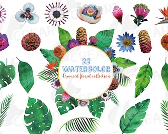 Tropical leaves and exotic flowers watercolor clip art pack, watercolor tropical leafs and flowers, tropical decoration, png, jpg, vectors