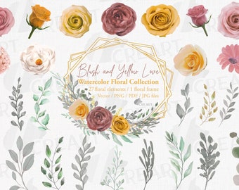 Watercolor Flower Clipart: Blush Pink & Yellow Floral Design Elements (PNG, JPG, SVG)