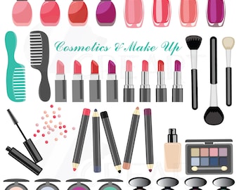 Puede incluir: Una colección de productos de maquillaje y belleza, que incluyen esmalte de uñas, lápiz labial, sombra de ojos, delineador de ojos, máscara de pestañas, rubor, base de maquillaje, pinceles y un peine. Los productos están dispuestos en filas y columnas sobre un fondo blanco. El texto "Cosmetics & Make Up" está escrito en una fuente decorativa en la parte superior de la imagen.