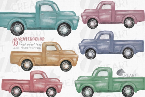 Watercolor Pastel Colored Trucks Clip Art. Printable Pickup | Etsy
