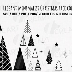 Elegante colección de árboles de Navidad geométricos minimalistas. Decoración sencilla para árboles de Navidad en archivos SVG recortables. Vectores imprimibles, PNG, JPG y DXF.