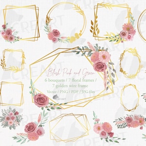 Aquarel blush roze bloemen en groene bladeren bruidssjablonen. Voorgemaakte boeketten met huwelijksuitnodigingen. Geometrische gouden bloemenframes illustraties.