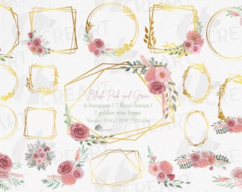 Watercolor Blush Floral Frames: Golden Wedding Invitation Clipart (Digital Download)