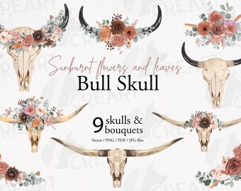 Sunburnt summer color flowers and eucalyptus bull skull. Bohemian bull skull graphic design template. Long horn bull skull, bouquets clipart