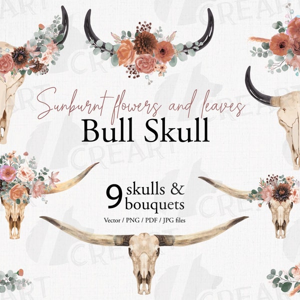 Sunburnt summer color flowers and eucalyptus bull skull. Bohemian bull skull graphic design template. Long horn bull skull, bouquets clipart