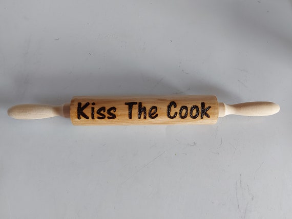 Kiss The Cook wood burned kitchen rolling pin unique gift for Christmas and year round