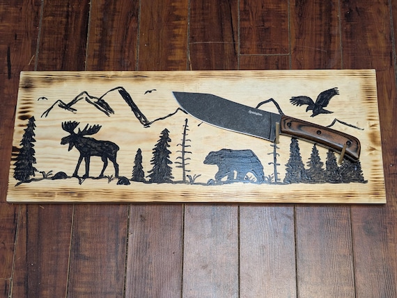 Hand painted hunting knife display 9 x 24 inches unique gift for Christmas lodge or cabin Father's Day gift