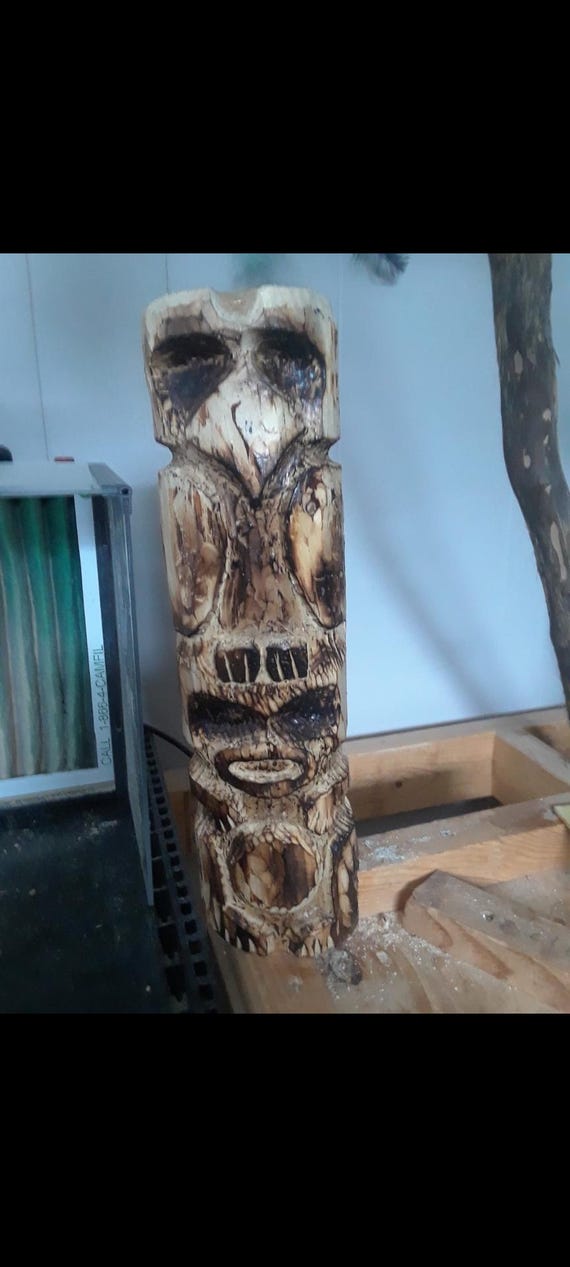 Totem pole hand carved white cedar 14 inches