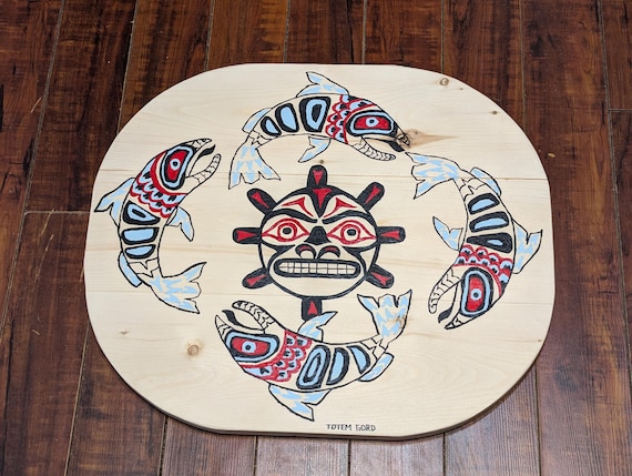 Salmon swimming in the sun hand painted wall art Native north west Salish style on reclaimed white pine