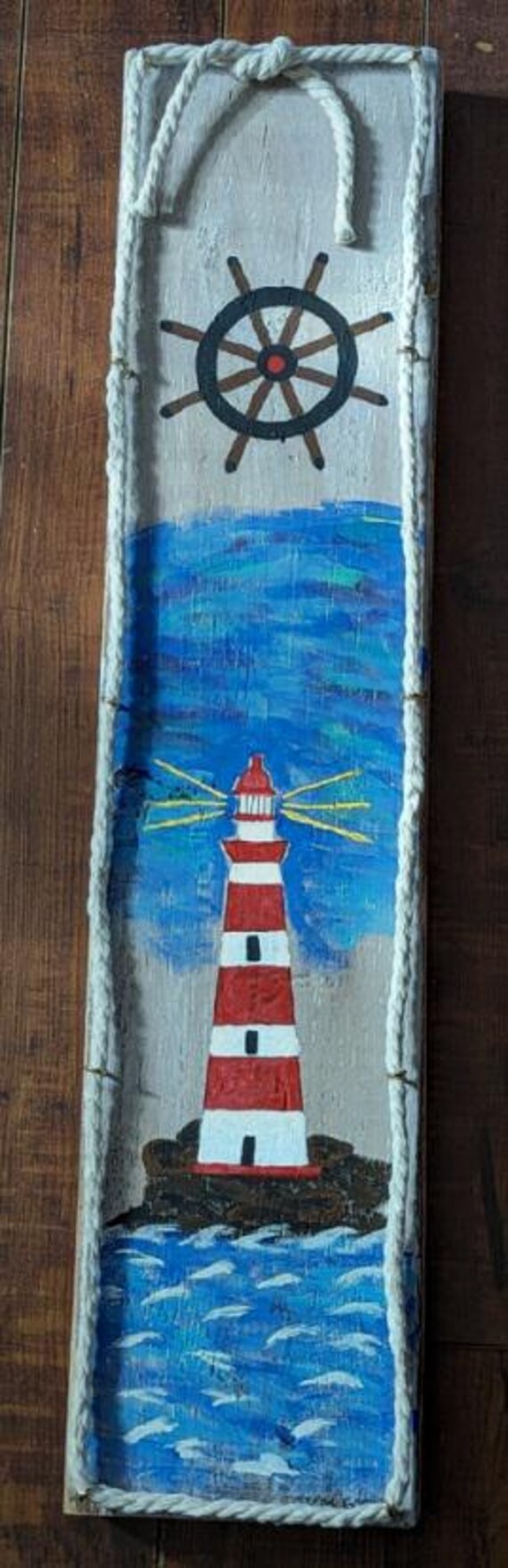 Lighthouse with ships wheel nautical painting wall art unique gift for home decor, boating club, man cave, birthday, anniversary 24 inches