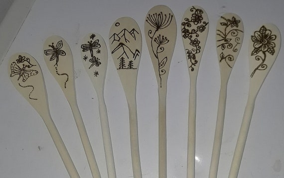 Pyrography Wooden Spoons with assorted patterns,Wood burned kitchen Witch wand, Witch gift,Wiccan, pagan, home decor, set of 8