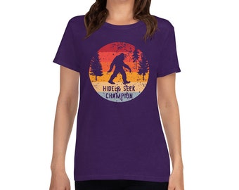 Women's Sasquatch Shirt - Hide & Seek Champion - Camping Shirt, Outdoor Wilderness Shirt, Adventure, Trees, Mountains