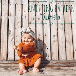 Hand knitting PATTERN in English instant PDF file download for Gabriella long sleeves romper with skirt dress for intermediate knitters