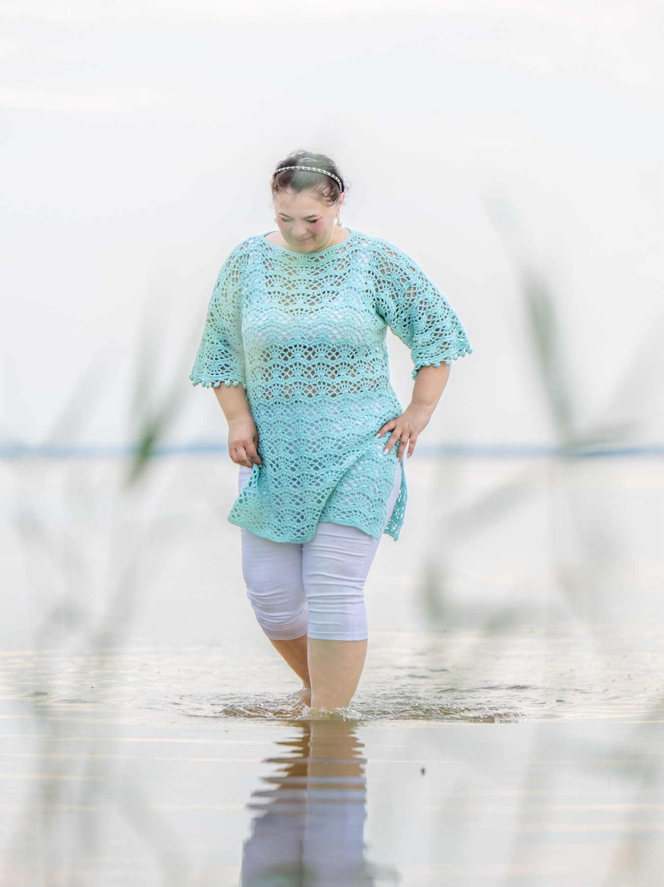 Blue Tunic, Mint Long Sweater, Crocheted Dress, Gift for a Friend