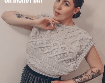 Hand Knitting Vest Pattern: Braids, Cables, Popcorn Stitch (PDF Download)