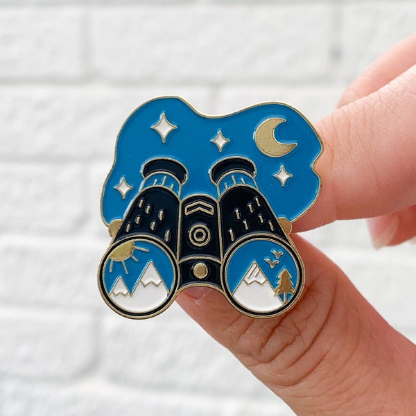 Binoculars viewfinder camping mountains hiking trip enamel lapel pin badge brooch