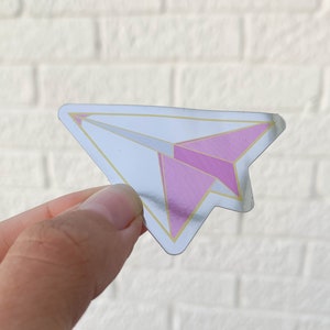 Avión de papel volador de origami - Pegatina de vinilo espejada plateada y rosa