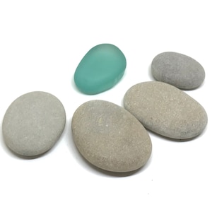 May include: Five smooth stones, four are gray and one is light blue.