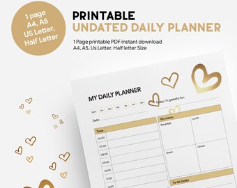 Golden printable daily planner for instant download  A4, A5, Us Letter, Half letter