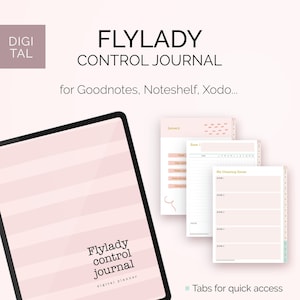 Può includere: Un planner digitale per il diario di controllo di Flylady, mostrato su un tablet con uno sfondo a righe rosa e bianco. Il planner è progettato per l'uso con app di presa appunti come Goodnotes, Noteshelf e Xodo. Il testo "Flylady control journal" è visualizzato sullo schermo del tablet. L'immagine mostra anche alcune pagine del planner, tra cui un calendario mensile, un elenco di controllo per la pulizia per zone e una pagina per appunti. Il testo "Tabs for quick access" e "71 pages" è visualizzato sotto il tablet.