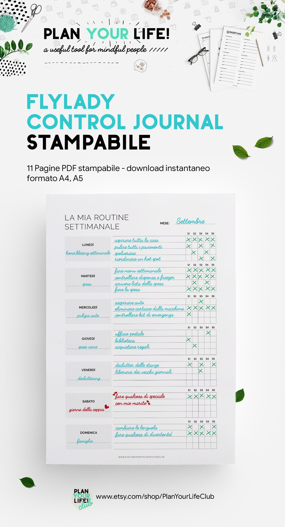 Control journal del metodo flylady in Italiano planner pulizie