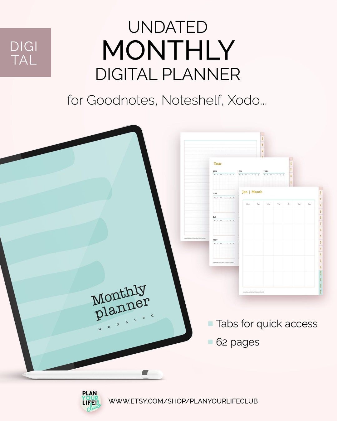 Undated Montlhly Digital Planner for Goodnotes, Noteshelf, Etc... - Etsy