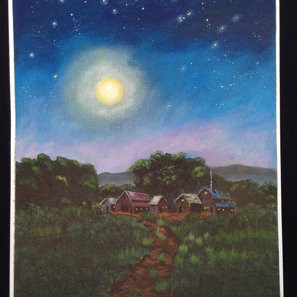 Original Hand Painted Nightime Moon Stars Acrylic Painting Cotton Canvas Out Door Scenery Landscape