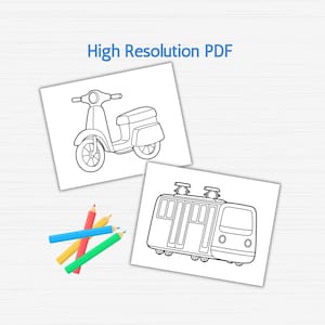 May include: Two black and white coloring pages. One page features a scooter and the other page features a train. A set of colored pencils are included in the image.