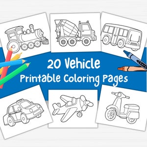May include: A set of 20 printable coloring pages featuring various vehicles, including a train, a cement mixer, a school bus, a taxi, an airplane, and a scooter. The pages are black and white and ready to be colored.