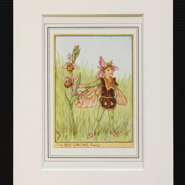 Bee Orchid Flower Fairy - Original 1930s Vintage Flower Fairy Print by Cicely Mary Barker, Mounted/ Matted Reading for Framing