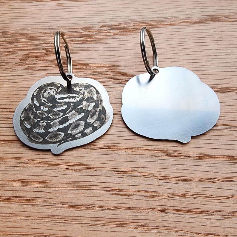 Op de afbeelding: Twee metalen hondenpenningen met een slangenontwerp. E&eacute;n penning heeft een gedetailleerde gravure van een opgerolde slang, terwijl de andere leeg is. Beide penningen hebben een zilverkleurige afwerking en een ronde ring voor bevestiging. De penningen worden op een houten oppervlak getoond.