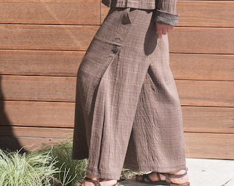 Loose Fit Linen/Silk Skirt-Pants, Elastic Waistband, Two Pockets, Wide Leg Trousers, Linen and Silk Pants, Side Slit Pants, Unique Fabric