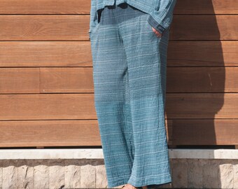 Loose Fit Linen/Silk Pants with Elastic Waist and Two Pockets; Wide Leg Pants/Trousers, Linen and Silk Pants, Three Shades of Blue