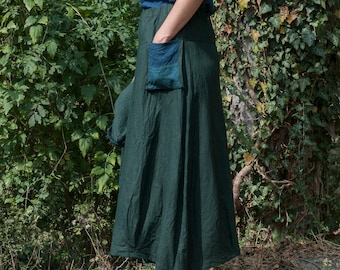 Long Linen Skirt, Elastic Waistband, Two Patchwork Hanging Side Pockets, Loose Fit, Baggy, Boho Skirt, Wide Flare, Relaxed