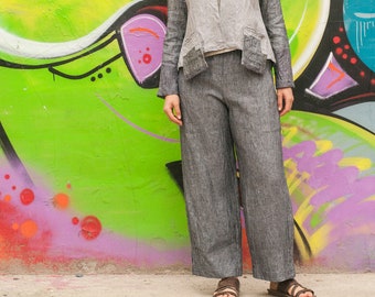 Loose Linen Trousers, Elastic Waistband, Two Front Side Pockets, Pleated Side Leg, Loose Fit, Relaxed, Boho Pants