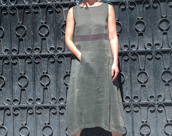 Linen/Silk Cold Green Dress, Summer Bellow Knee Length Dress, Sleeveless, High Waist, Big Front Pocket, Patchwork Elements, Unique Fabric