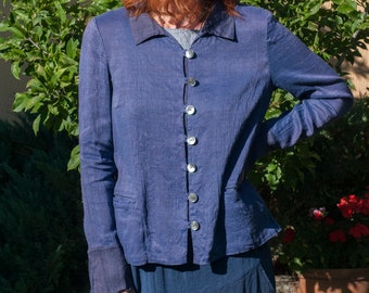 Linen/Silk Long Sleeve Jacket, Short Linen/Silk Jacket, Blue, Linen and Silk Jacket, Two Pockets, Nacre buttons