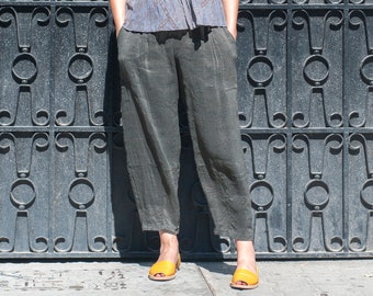 Loose Linen/Silk Pants, Elastic Waist, Cold Green Trousers, Front and Back Pockets and Nacre Buttons, Boho Pants, Loose Fit, Baggy Pants