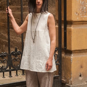 Handmade Linen Tunic Top: Sleeveless Boho Blouse with Nacre Button
