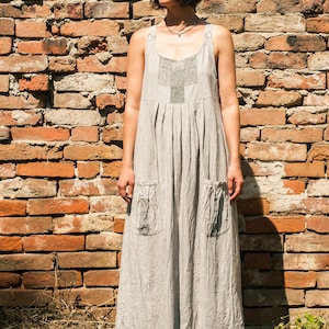 Linen Patchwork Pinafore Dress, High Waist, Two Big Pockets, Sleeveless, Long, Pleated, Maxi, Over-sized, Loose, Baggy image 1