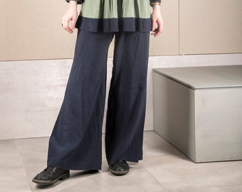 Loose Viscose/Linen Pants, Long Trousers, Dark Navy Blue Color, Elastic Waistband, Two Big Pockets, Wide Leg Pants/Trousers, Relaxed