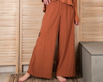 Loose Viscose/Linen Pants, Long Trousers, Elastic Waistband, Two Big Pockets, Wide Leg Pants/Trousers, Relaxed