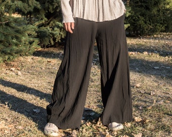 Loose Fit Viscose/Linen Pants, Long Trousers, Elastic Waistband, Two Big Pockets, Wide Leg Pants/Trousers, Relaxed