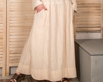 Linen Long Skirt, Maxi Skirt, Loose, Wide Flare, Elastic Waistband, Two Pockets, Two Side Slits, Ecru Color
