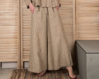 Linen Palazzo Trousers | Wide Leg High Waist Pants | Boho Elastic