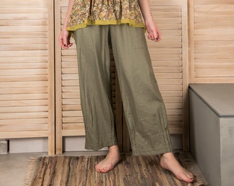 Loose Fit Linen Trousers, Elastic Waistband, Two Side Pockets, Boho Pants, Relaxed