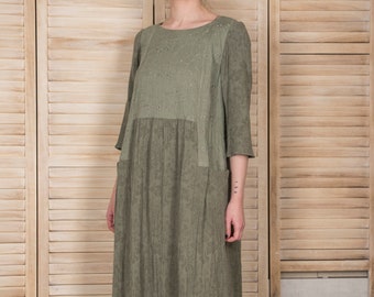 Khaki Green Long Linen Dress, Low/High Waist, Two Front Pockets, Loose, Baggy Jumper, Embroidered Top, Jacquard Skirt, Two Kind of Fabrics
