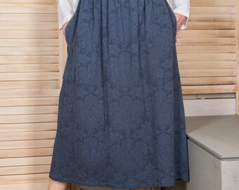 Jacquard Fabric Cotton/Linen Pleated Skirt, Denim Blue Color, Two Pockets, Long, Loose, Wide Flare, Elastic Waistband